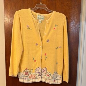 Quacker Factory Yellow Cardigan with Floral and Teacup Embroidery